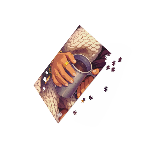 Cozy Morning Coffee Puzzle — Hands, Rings & Knit Blanket Art (252/500 pcs)