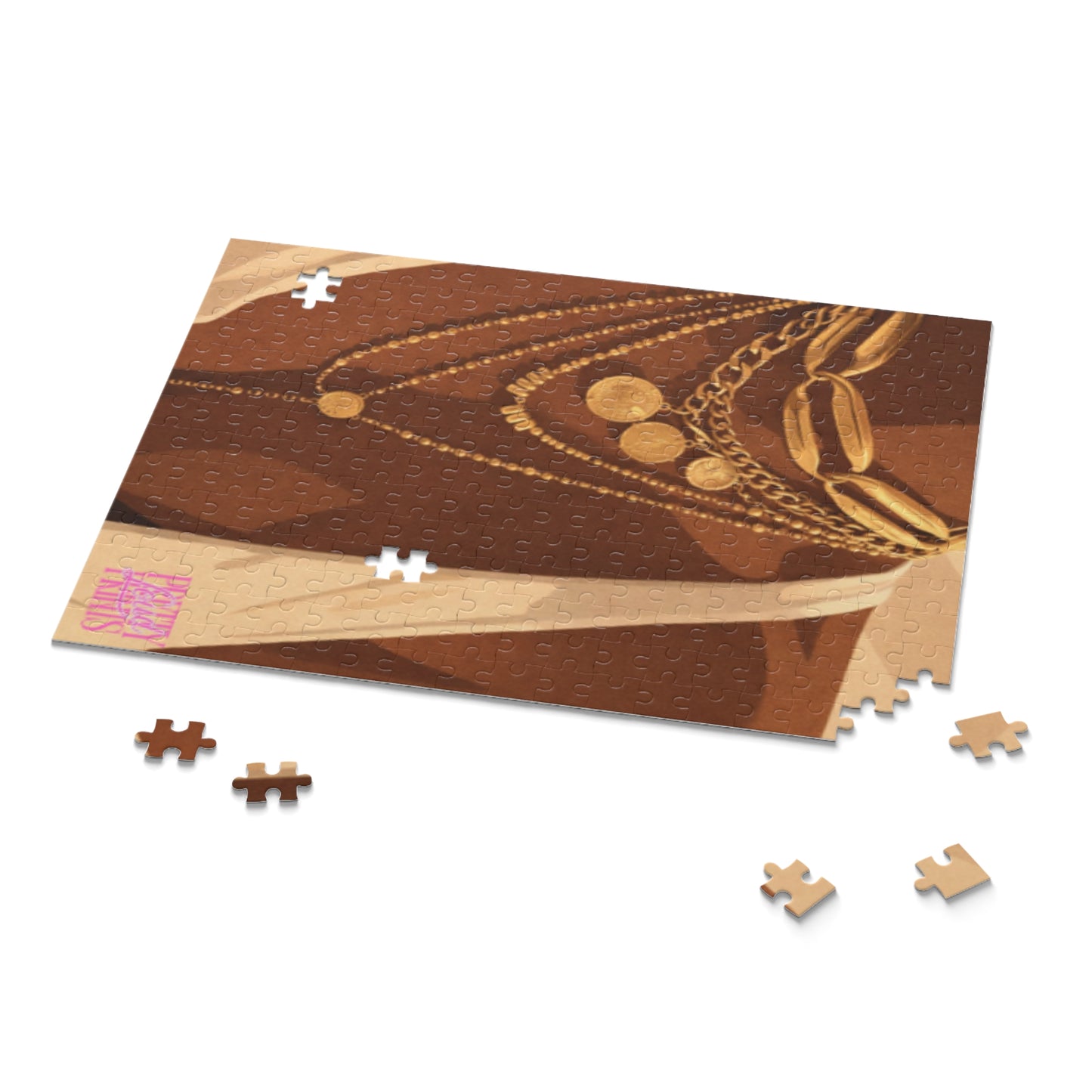 Gold Layered Necklace Art Puzzle — Brown Abstract Fashion Jigsaw (252 pc)