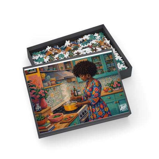 Cozy Kitchen Jigsaw Puzzle — Woman Cooking Art (96/252/500/1000-Piece)
