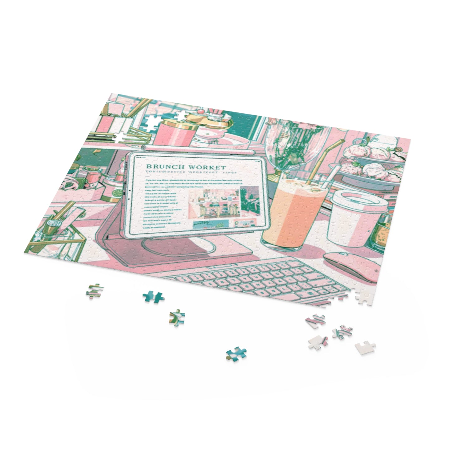 Brunch Workstation Puzzle — Cozy Cafe Desk Illustration (252/500 pcs)