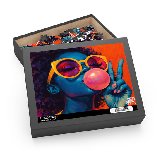 Vibrant Pop Art Puzzle — Cool Girl Blowing Bubble (252/500‑Piece)