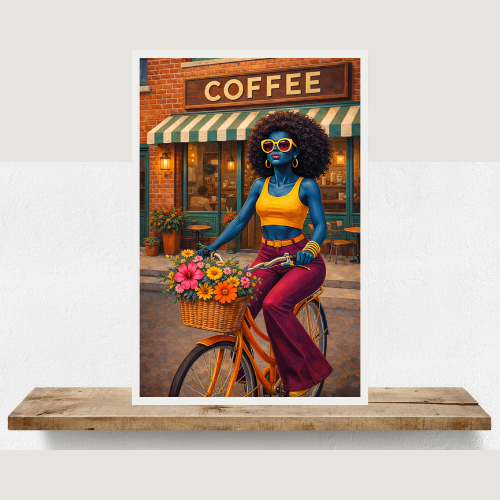 Retro Afro Woman Bicycle Puzzle — 252/500-Piece Colorful Street Scene