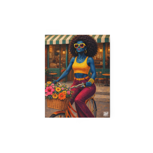 Retro Afro Woman Bicycle Puzzle — 252/500-Piece Colorful Street Scene