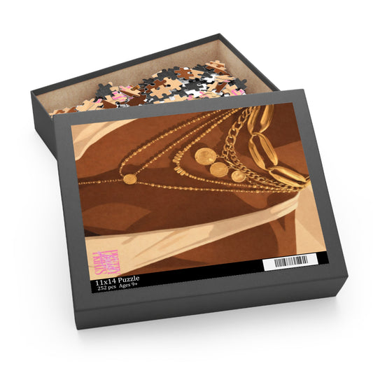 Gold Layered Necklace Art Puzzle — Brown Abstract Fashion Jigsaw (252 pc)