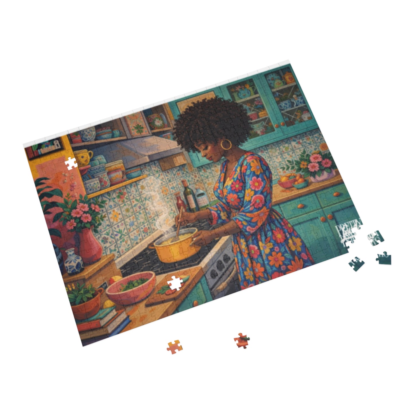 Cozy Kitchen Jigsaw Puzzle — Woman Cooking Art (96/252/500/1000-Piece)