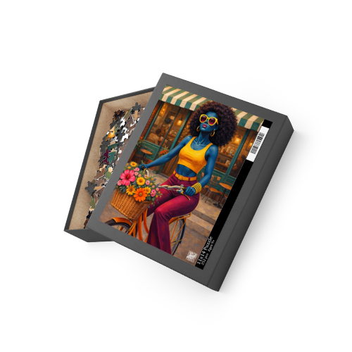 Retro Afro Woman Bicycle Puzzle — 252/500-Piece Colorful Street Scene