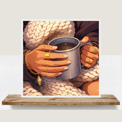 Cozy Morning Coffee Puzzle — Hands, Rings & Knit Blanket Art (252/500 pcs)